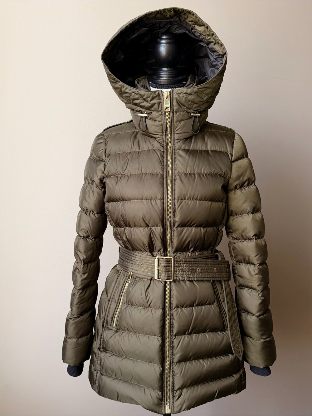 Burberry Limefield Hooded Belted Puffer Coat - Dark Olive Green